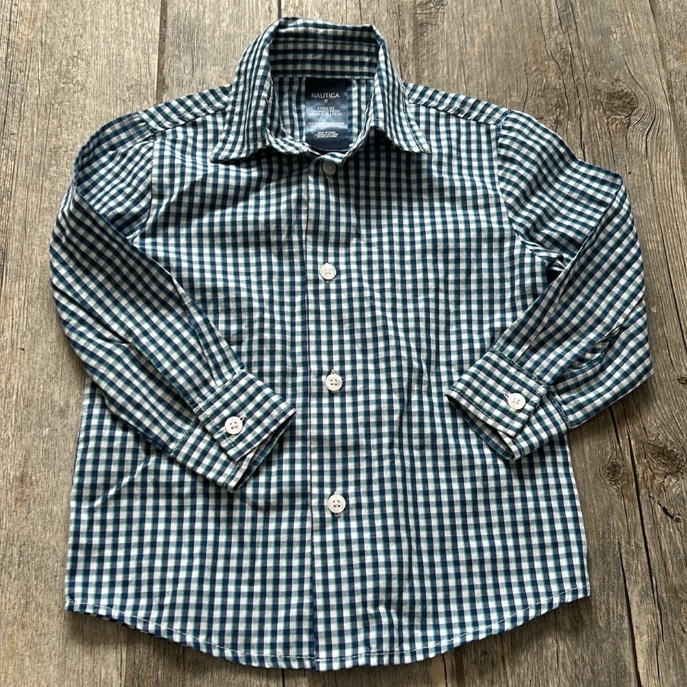 Nautica boys button-down shirt plaid blue Easter long sleeve
